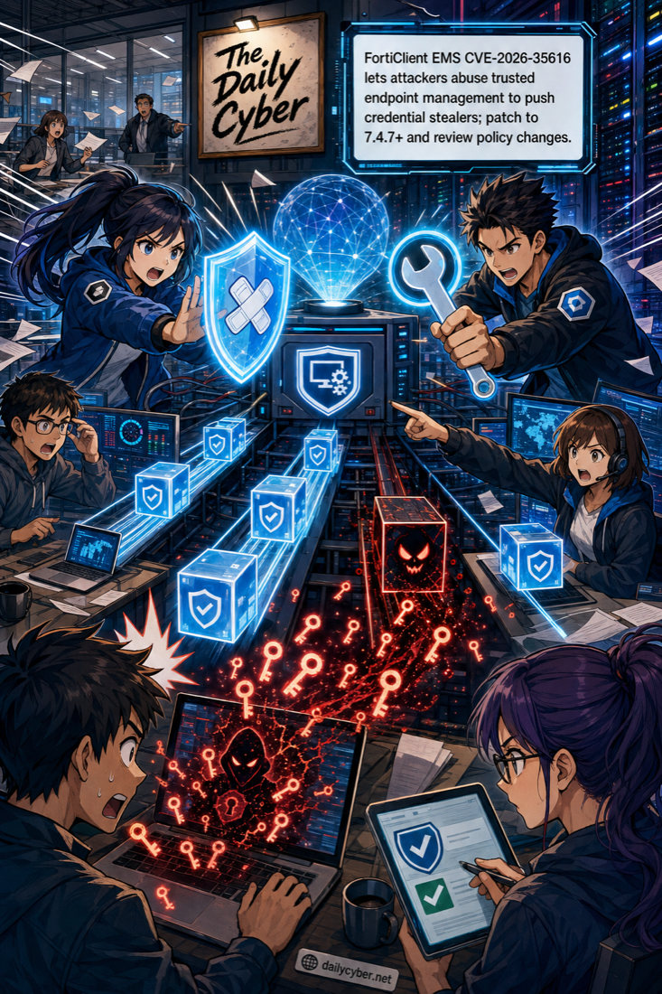 Attackers are exploiting FortiClient EMS CVE-2026-35616 to abuse trusted endpoint management and push credential-stealing malware. Patch to 7.4.7 or later and review endpoint policy changes for tampering.