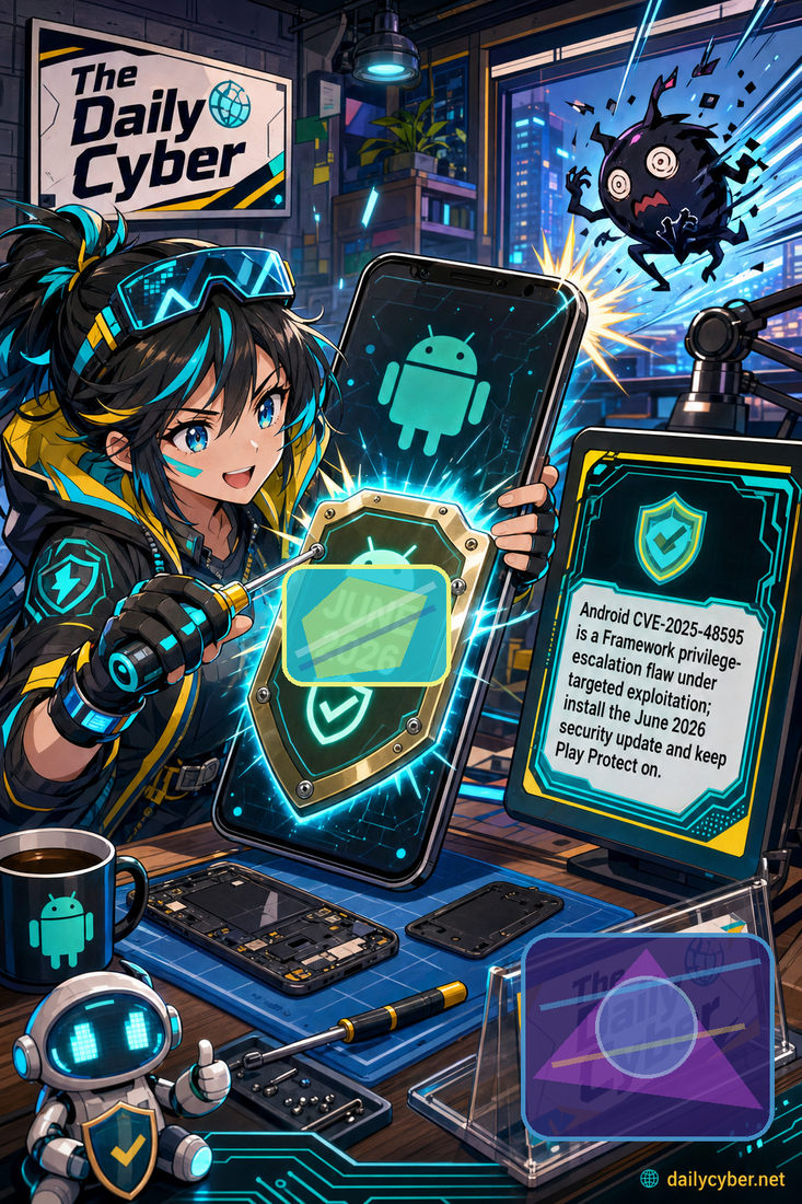 Google’s June 2026 Android update fixes 124 flaws, including CVE-2025-48595, a Framework privilege-escalation issue under limited targeted exploitation. Install the 2026-06-05 security patch level or later and keep Play Protect enabled.