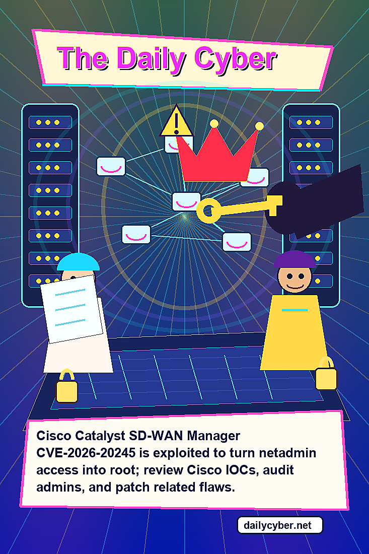 Cisco says CVE-2026-20245 in Catalyst SD-WAN Manager is being exploited to turn netadmin access into root and push risky configuration changes. With no patch yet, teams should review Cisco IOCs, audit privileged accounts, and patch related SD-WAN flaws.