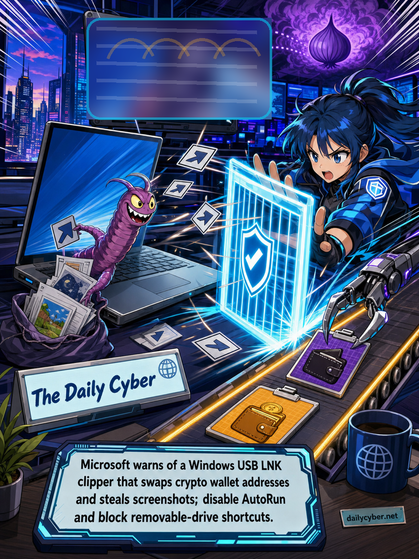 Microsoft detailed a Windows malware campaign that spreads through USB LNK shortcuts, swaps copied crypto wallet addresses, steals screenshots, and uses Tor-based command-and-control. Defenders should disable AutoRun and block removable-drive shortcuts.
