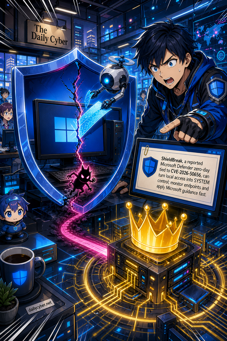 ShieldBreak is reported as a Microsoft Defender zero-day tied to RoguePlanet CVE-2026-50656 that can turn local access into SYSTEM control; defenders should monitor endpoints and apply Microsoft guidance quickly.
